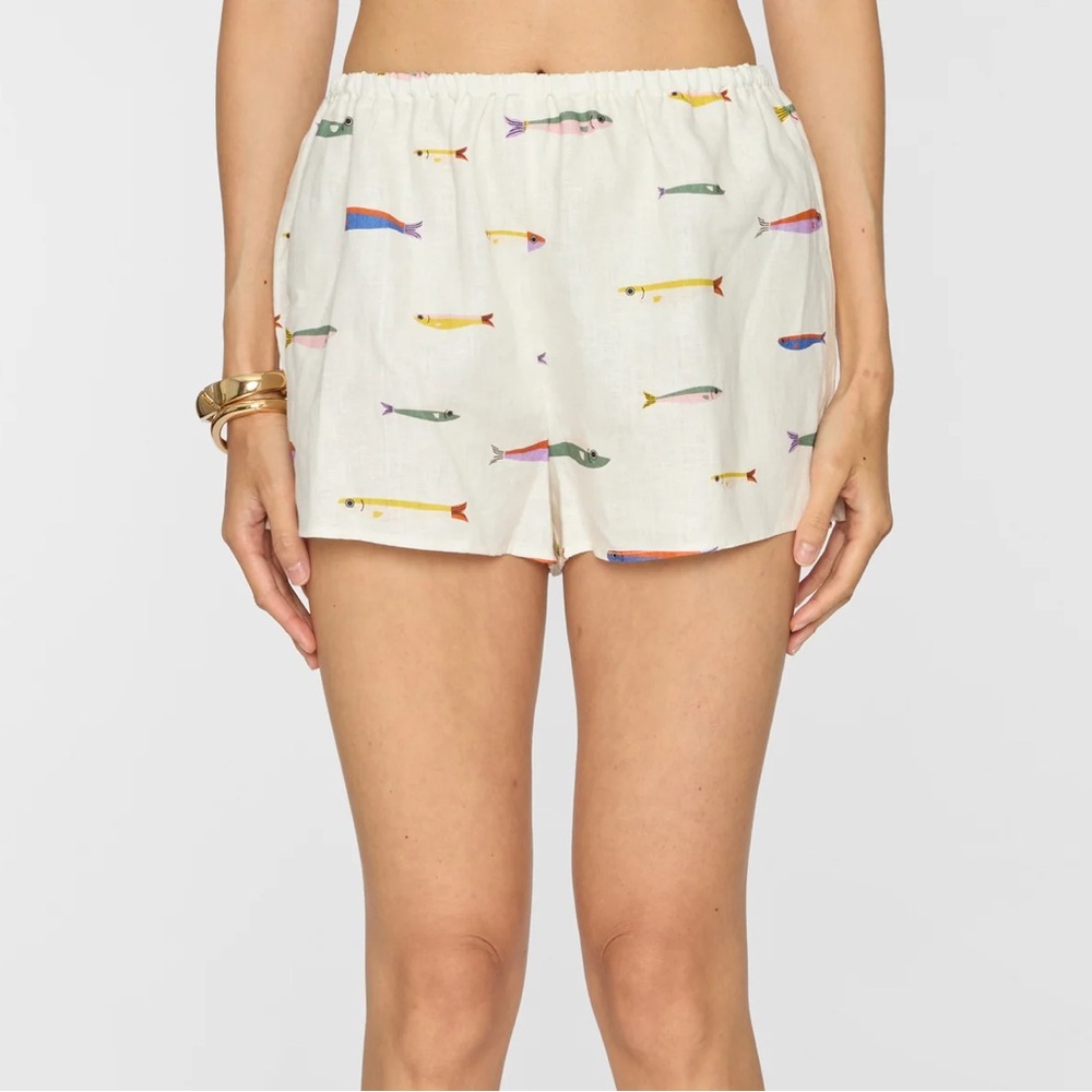 STAUD High Waist Cream Shorts with Multicolor Accents